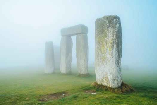 The ancient stone circle of stonehenge standing in a field of green grass covered in fog