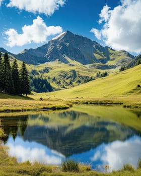 Scenic view of a mountain reflecting on a lake with a green meadow and blue sky