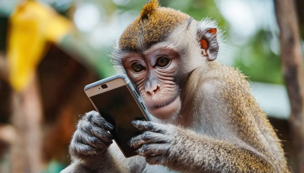 Funny monkey holding a smartphone, browsing internet and looking involved in it