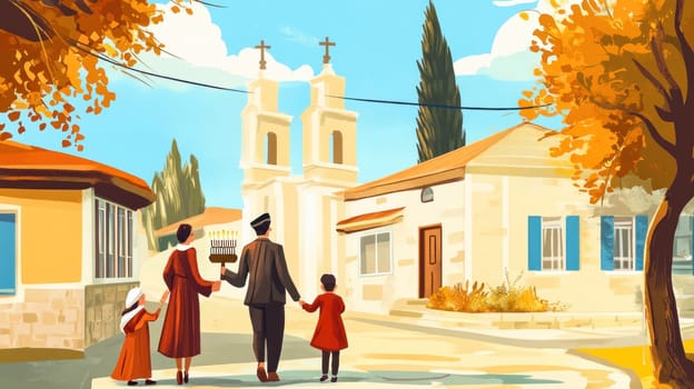 Family is walking to synagogue to celebrate hanukkah, the father holding a menorah