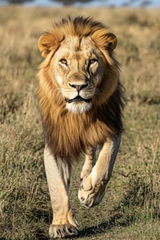 Powerful male lion walking directly towards the camera in the african savanna