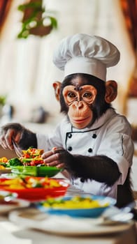 Chimpanzee wearing a chef hat and jacket is preparing a healthy vegetarian meal