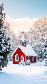 Red wooden country church with a steeple is standing in winter scenery covered in fresh snow on a sunny morning