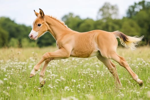 Beautiful light brown foal running through a field of flowers on a summer day