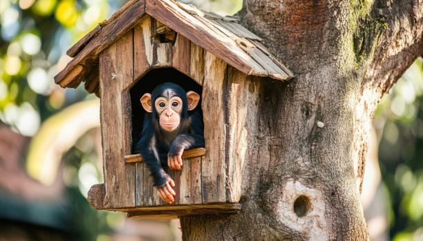 Baby chimpanzee is resting in a wooden birdhouse attached to a tree