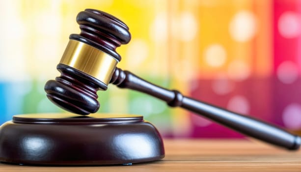 Wooden judge's gavel resting on a sound block with a rainbow colored background