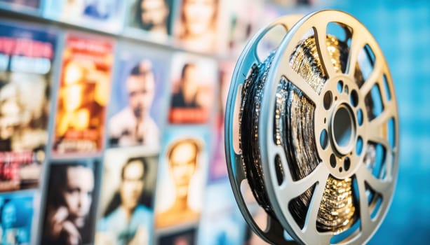 Close up of a film reel standing with movie posters hanging in the background out of focus
