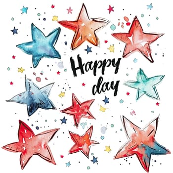 This artwork features vibrant stars in various colors surrounding the phrase Happy day. The playful design exudes a cheerful mood, perfect for celebrations or uplifting moods.