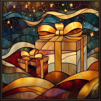 Two beautifully crafted golden gifts are nestled among flowing waves and twinkling stars in a vibrant stained glass artwork, evoking a joyful, celebratory mood.