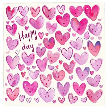 A vibrant collection of heart shapes in various pink hues fills the canvas, accompanied by playful faces, expressing joy and warmth for a cheerful day.