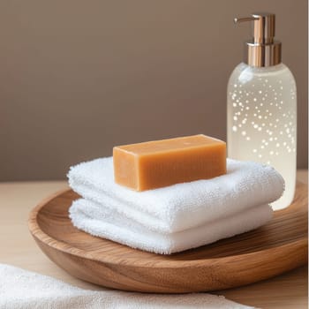 A neatly arranged wooden dish holds a fresh bar of soap on top of white towels, complemented by a liquid cleanser in a stylish bottle, enhancing bathroom tranquility.