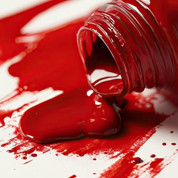 A jar of bright red paint lies on its side, pouring out onto a white surface, creating an artistic and vibrant display ideal for creative projects and inspirations.