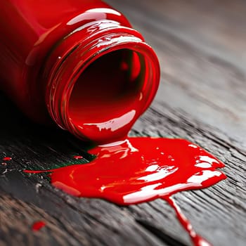 A vibrant red paint bottle is tipped over, spilling its contents onto a rustic wooden surface, showcasing rich colors and textures in an artistic setting.