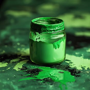 A glass jar filled with bright green paint rests on a mottled surface with paint splatters, illustrating the aftermath of an artistic endeavor.