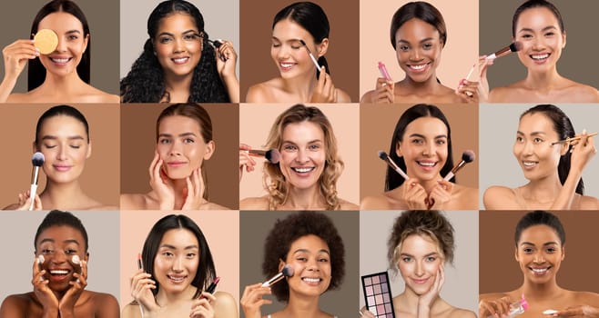 A vibrant collection of women showcasing their beauty routines with makeup tools, each expressing happiness and confidence in a variety of skin tones and styles.