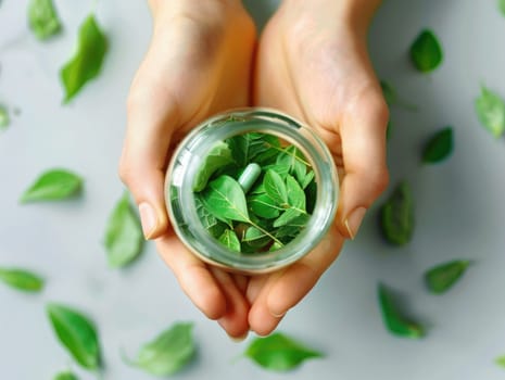 Hands cradle a clear jar containing fresh green leaves and a capsule, surrounded by scattered foliage, symbolizing nature’s remedies and wellness.