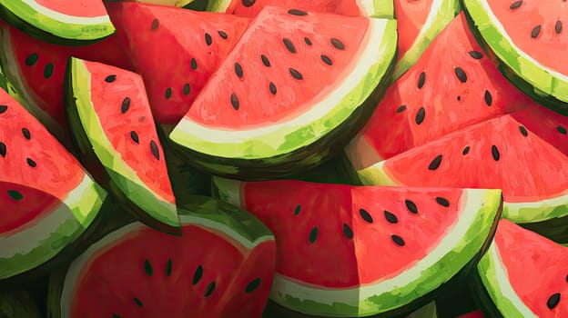 Juicy watermelon slices fill the composition with rich red and green colors, inviting viewers to experience the freshness and sweetness often associated with summer.