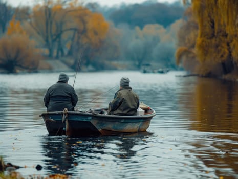 Two individuals sit in a small boat, fishing calmly on a river surrounded by vibrant autumn trees and reflecting water under an overcast sky.