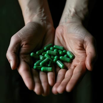 Open hands display numerous green capsules, emphasizing a theme of dietary supplements or herbal medicine in a soft, shadowy environment.