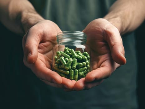 Both hands cradle a transparent jar brimming with green capsules, symbolizing natural health supplements. The atmosphere suggests a focus on wellbeing and self-care during the evening.