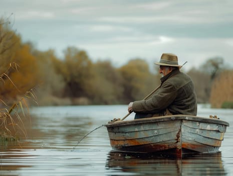 A man sits peacefully in a small wooden boat, fishing quietly on a calm river, with autumn trees reflecting in the water under a cloudy sky.