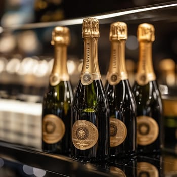 A collection of exquisite champagne bottles showcases their elegant design, featuring golden foil and intricate labels while elegantly arranged on a polished shelf.