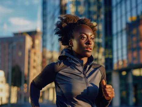 A focused woman runs through an urban landscape during the early morning hours, embodying strength and vigor while the sun rises behind glass buildings.