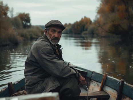 An older gentleman sits in a small boat, reflecting on life as he maneuvers through a quiet river. The autumn scenery showcases beautiful foliage around him.