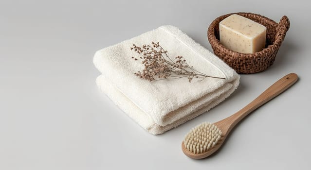 Clean and minimal arrangement featuring soft towels, a bar of natural soap, a wooden body brush, and delicate dried flowers on a neutral surface.