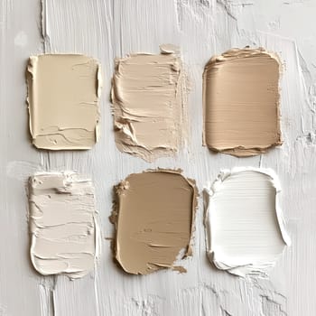 A selection of neutral paint samples in shades of white and beige is artistically arranged on a textured white canvas. This showcases modern color trends for interior spaces.