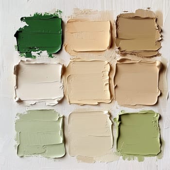A collection of paint swatches displays a harmonious palette of earth tones and greens arranged neatly in a square grid on a textured surface, ideal for artistic projects.
