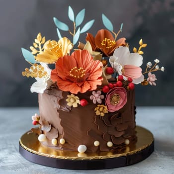 A beautifully crafted chocolate cake features intricate floral decorations in warm colors, perfect for a birthday or special occasion celebration.