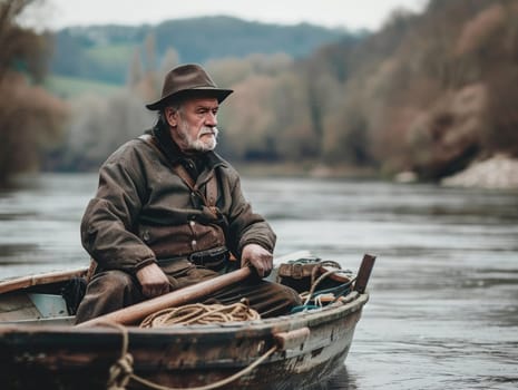 An elderly man sits quietly in a wooden boat, fishing on a serene river. The surrounding trees create a peaceful atmosphere during early morning hours.