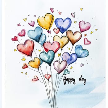 A vibrant collection of heart-shaped balloons in various colors exudes joy and positivity, surrounded by tiny hearts and the phrase Happy day in a whimsical style.