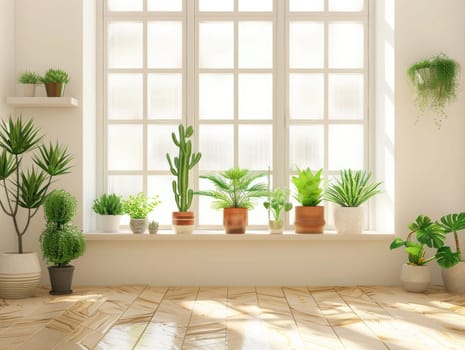Sunlight fills a cozy room adorned with an array of potted plants, including cacti and leafy greens, along a window sill that enhances the serene atmosphere.