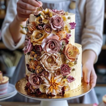 A baker carefully adds delicate sugar flowers to a beautifully crafted cake decorated with intricate floral detailing in a cozy bakery setting.