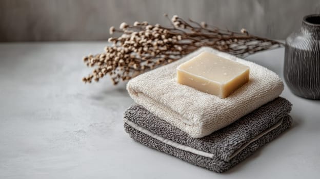 A neutral-toned setting features stacked soft towels, a natural soap bar resting on top, and delicate dried flowers beside a ceramic vase, creating a peaceful atmosphere.