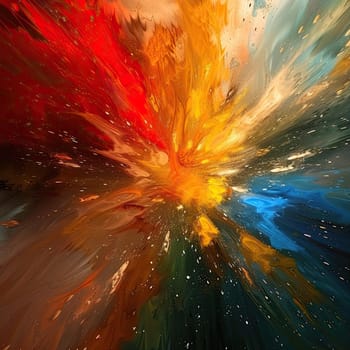 Swirls of bright orange, deep red, and calming blue mix seamlessly, creating an abstract representation of movement and dynamic energy.