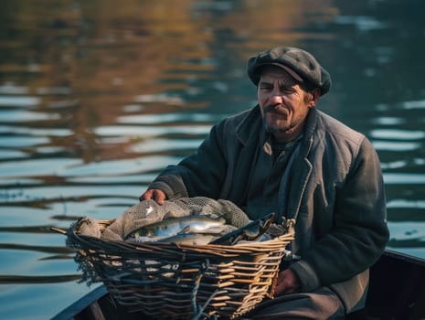 An elderly fisherman relaxes in his small boat, holding a woven basket filled with freshly caught fish, surrounded by the calm waters of the river at dawn.