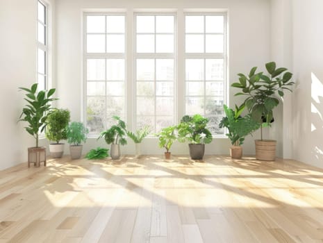 A bright and airy room showcases a diverse collection of potted plants positioned along the wooden floor, illuminated by natural sunlight streaming through the windows.