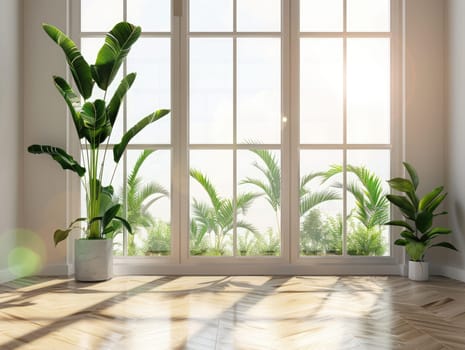 Sunlight streams through large windows, illuminating the indoor space filled with vibrant green plants. The serene atmosphere creates a refreshing environment.