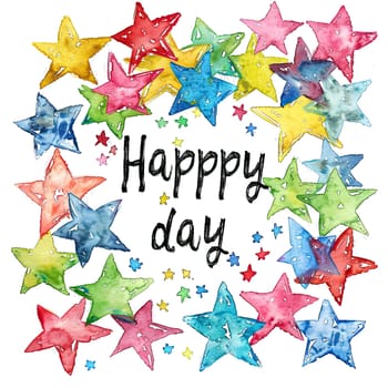 A vibrant circle of watercolor stars in various colors surrounds the text Happy Day, creating a festive and joyful atmosphere ideal for celebrations.