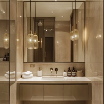 A beautifully designed bathroom featuring a minimalist vanity with a sink, stylish pendant lights, and natural decor accents creating a calming atmosphere.
