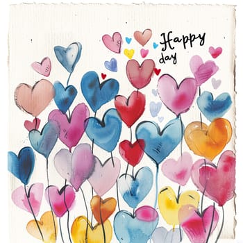 A delightful collection of heart shapes in various colors creates a festive atmosphere, symbolizing happiness and love in a vibrant watercolor style.
