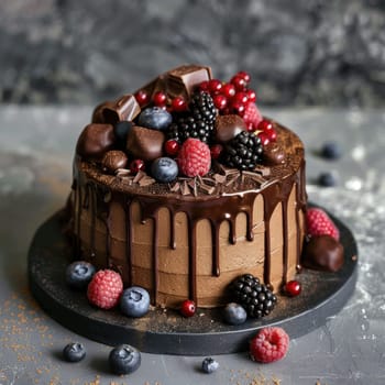This dessert features a rich chocolate cake topped with an array of fresh raspberries, blueberries, and blackberries, drizzled with chocolate and garnished with chocolate squares.