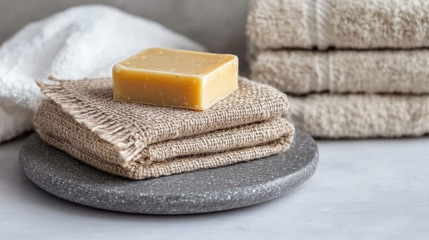 A bar of natural soap rests on a stone plate, accompanied by neatly stacked towels. The setting exudes a calming, minimalistic vibe perfect for a bathroom.
