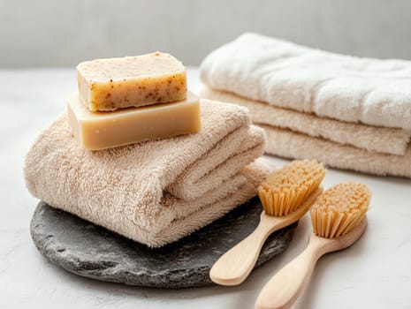 Soft beige towels are neatly stacked alongside two natural soaps on a stone base, creating a serene ambiance perfect for a calming self-care moment.