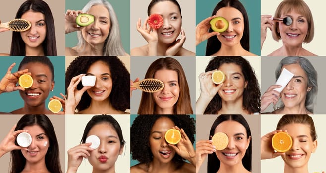 A group of diverse women holds various fruit slices and beauty tools, smiling while demonstrating natural skincare practices