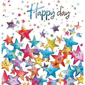 A joyful display features a multitude of colorful watercolor stars scattered against a white background, accompanied by the cheerful text Happy day at the top, enhancing the playful vibe.