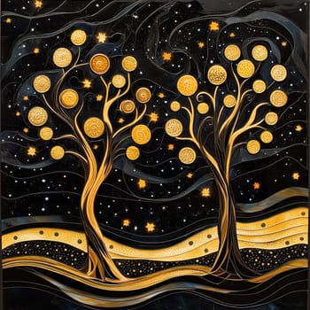 Vibrant stained glass artwork showcases intricately designed trees illuminated by a bright moon, surrounded by glimmering stars against a deep blue backdrop.